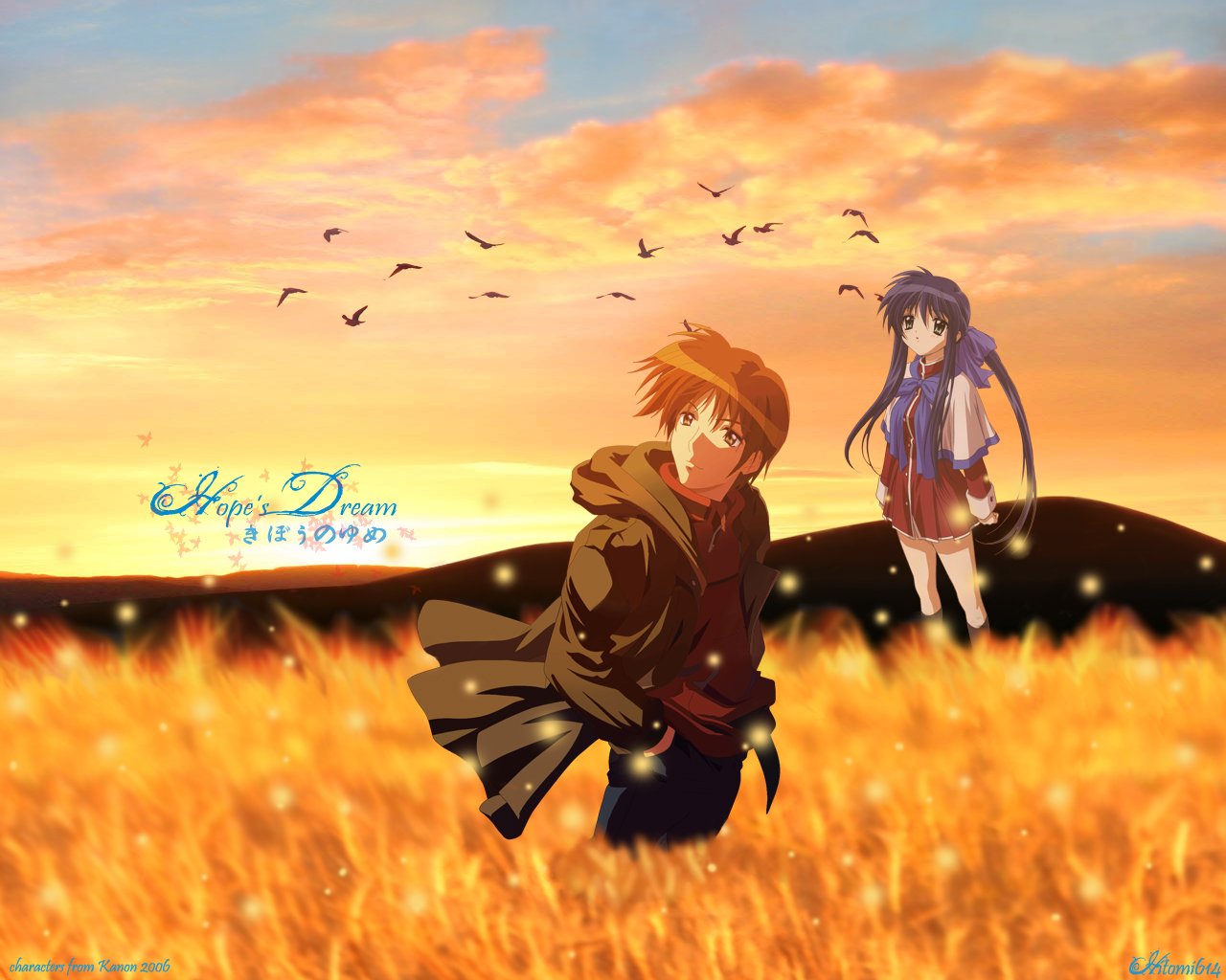 aizawa_yuuichi, animal, bird, black_hair, bow, clouds, kanon, kawasumi_mai, long_hair, school_uniform, sky