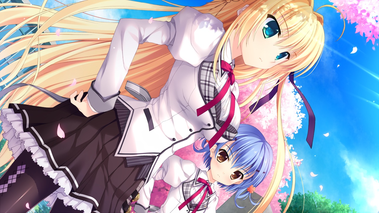 2girls, alia's_carnival, blonde_hair, blue_eyes, game_cg, long_hair, nanao_naru, nanawind, pantyhose, petals, ribbons, sakurakouji_tsukuyomi, school_uniform, skirt, zaizen_suzuri