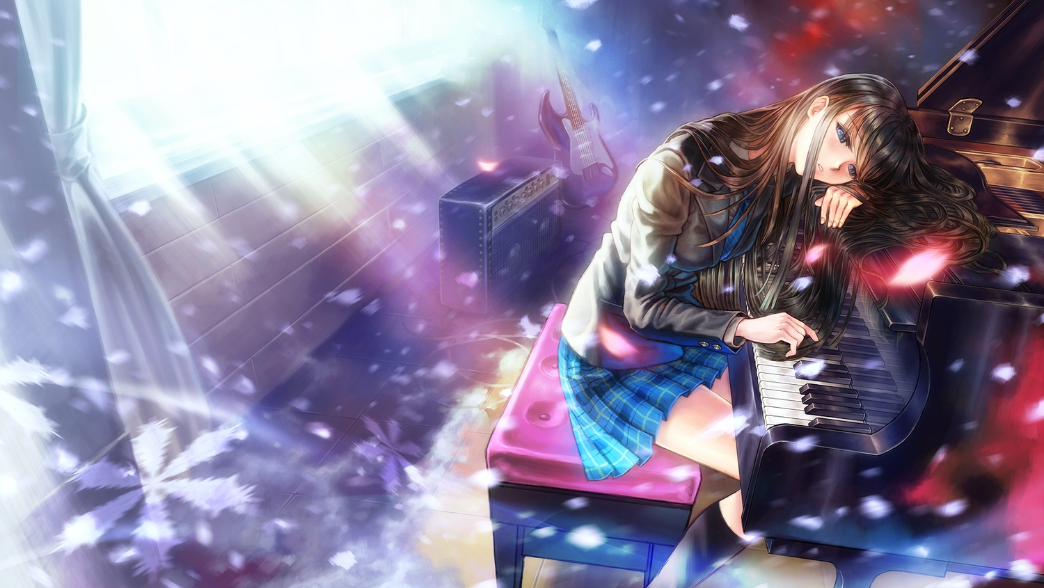 black_hair, blue_eyes, guitar, instrument, kneehighs, long_hair, mori_no_kuma-san, petals