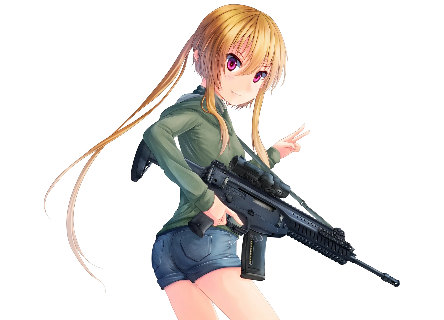 blonde_hair, dreadtie, gun, jessica_jefferson, long_hair, original, pink_eyes, shorts, twintails, weapon, white