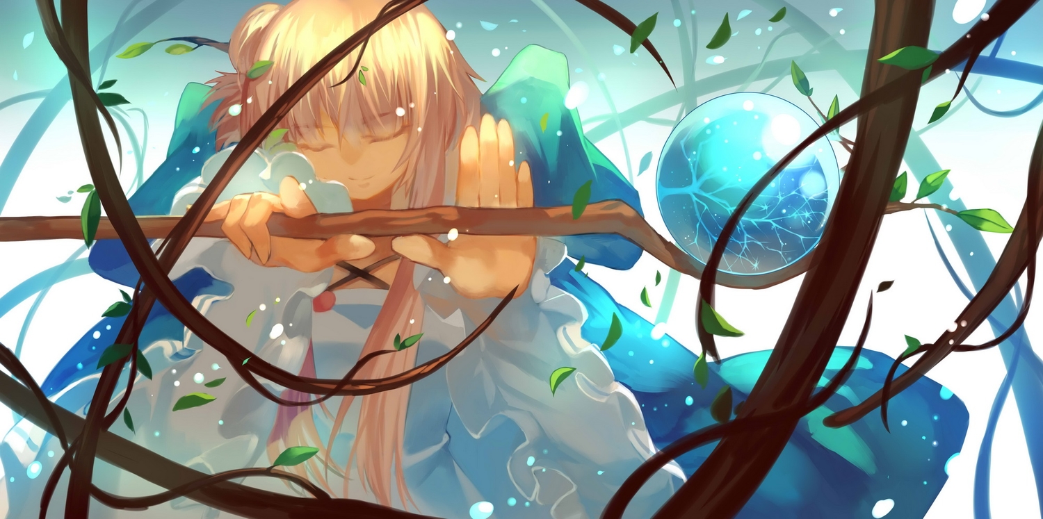 deuria, dress, joseph_lee, leaves, long_hair, mage, original, pink_hair