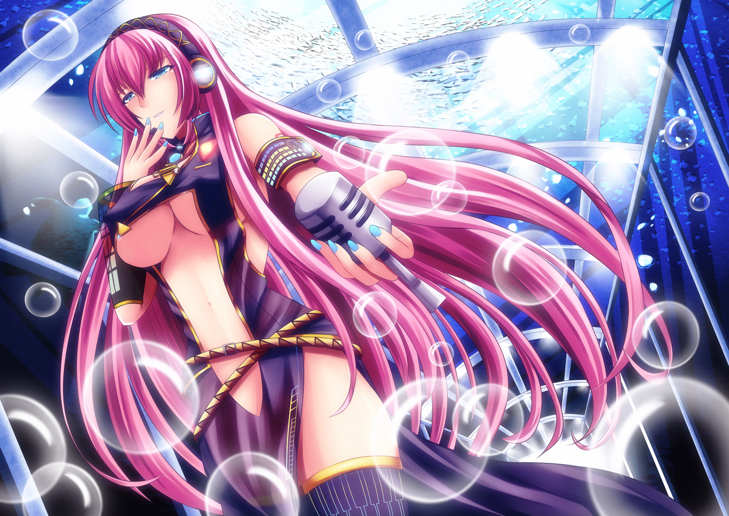 blue_eyes, breasts, bubbles, erect_nipples, fuyuki_jun, long_hair, megurine_luka, microphone, pink_hair, underboob, vocaloid