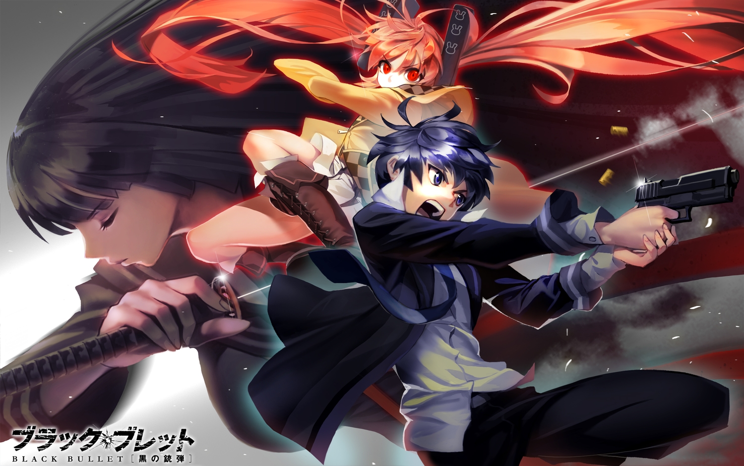 aihara_enju, black_bullet, black_hair, boots, gun, katana, male, red_eyes