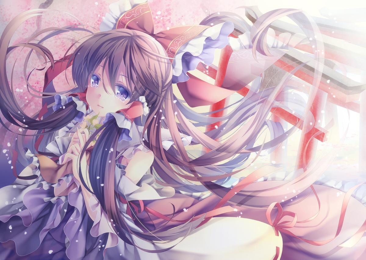 blue_eyes, bow, brown_hair, hakurei_reimu, japanese_clothes, long_hair, mikazuki_sara, miko
