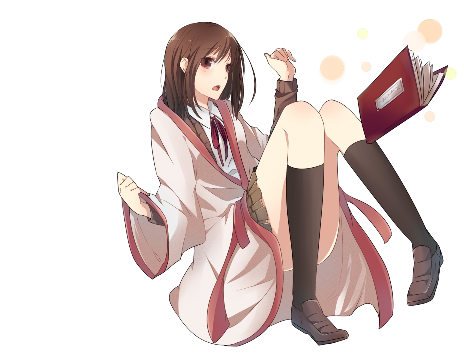 book, brown_eyes, brown_hair, long_hair, nodokuroame, school_uniform, socks, white