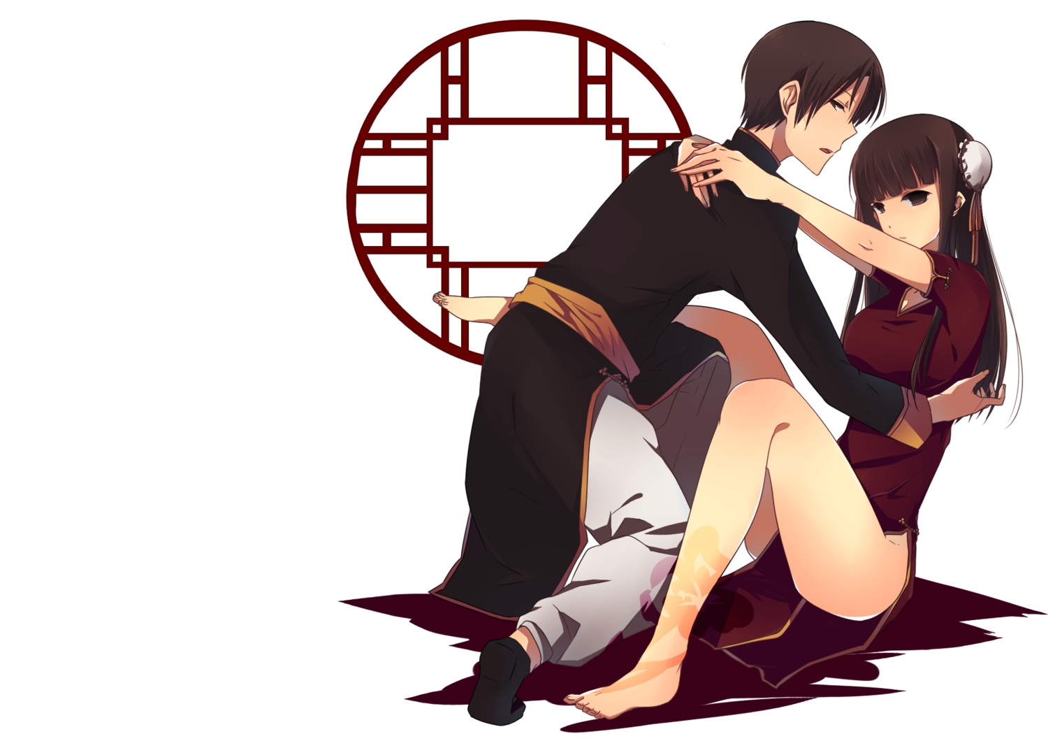 barefoot, brown_eyes, brown_hair, chinese_clothes, chinese_dress, chou_no_doku_hana_no_kusari, dress, long_hair, male, nodokuroame, nopan, short_hair, white