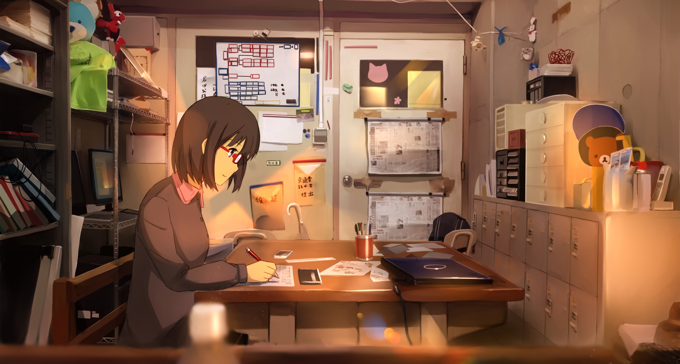 book, brown_eyes, brown_hair, computer, glasses, ido_(teketeke), original, paper
