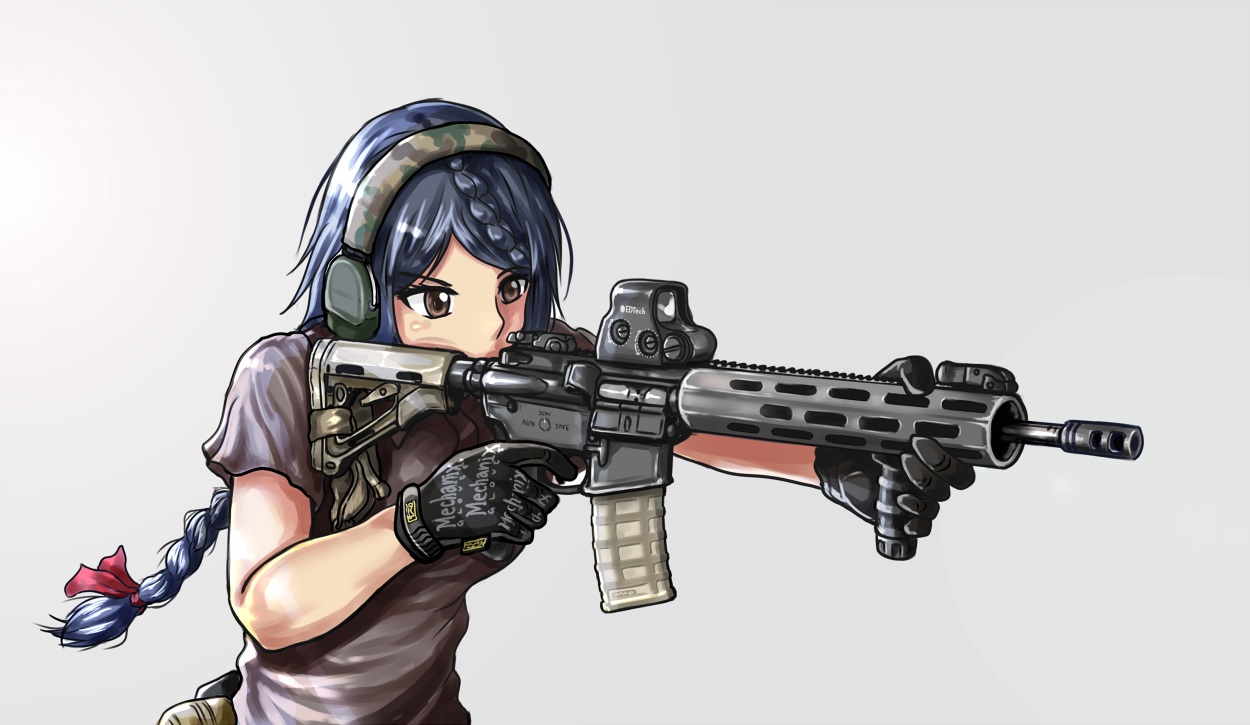 blue_hair, braids, brown_eyes, gloves, gun, headphones, long_hair, ribbons, roadrunner, semi_(ebs), weapon