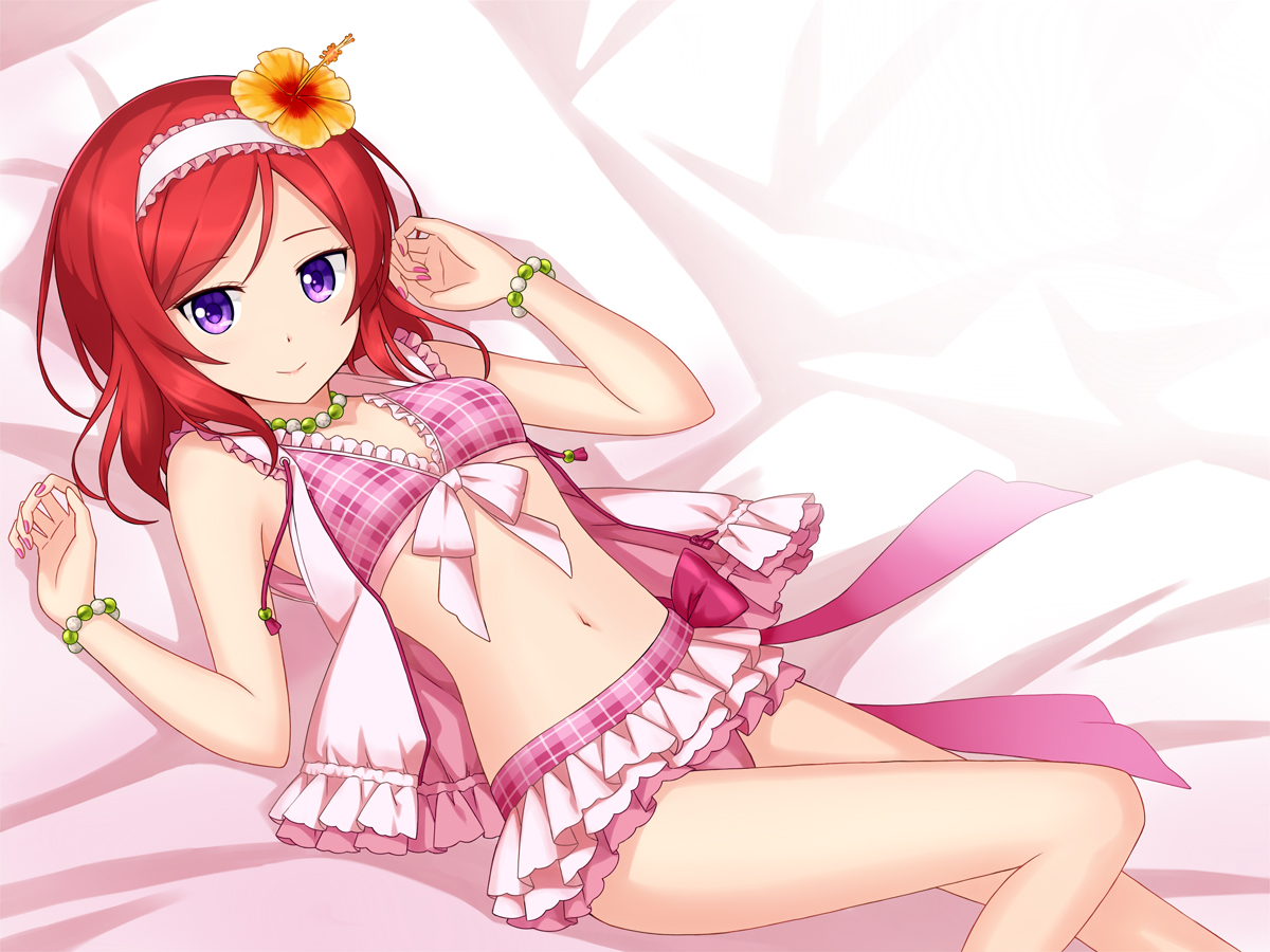 bed, flowers, headband, long_hair, love_live!_school_idol_project, navel, necklace, nishikino_maki, purple_eyes, red_hair, skirt, tucana, wristwear