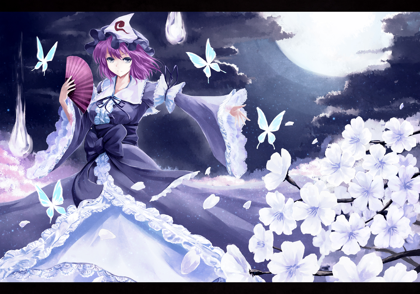 bow, butterfly, cherry_blossoms, fan, flowers, hat, japanese_clothes, kz_nagomiya, moon, night, petals, purple_eyes, purple_hair, saigyouji_yuyuko, short_hair, touhou
