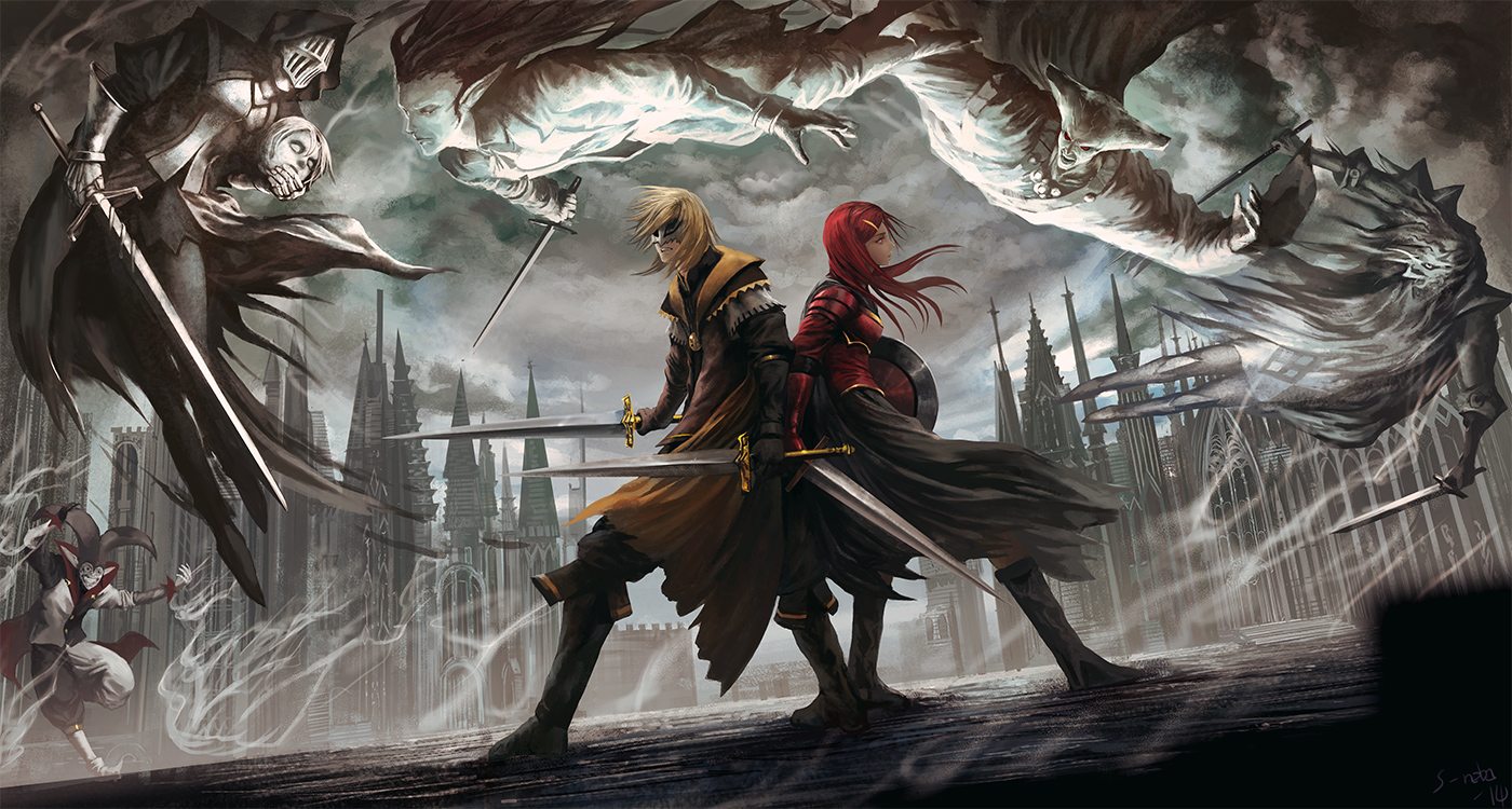 ao_no_mavis, armor, blonde_hair, boots, building, cape, demon, long_hair, male, mask, noba, original, pixiv_fantasia, pointed_ears, red_hair, signed, sword, weapon