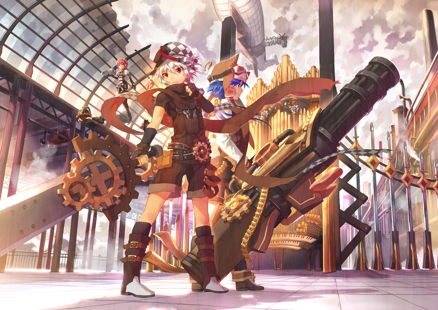 blue_eyes, blue_hair, boots, building, elbow_gloves, elsword, elsword_(character), gloves