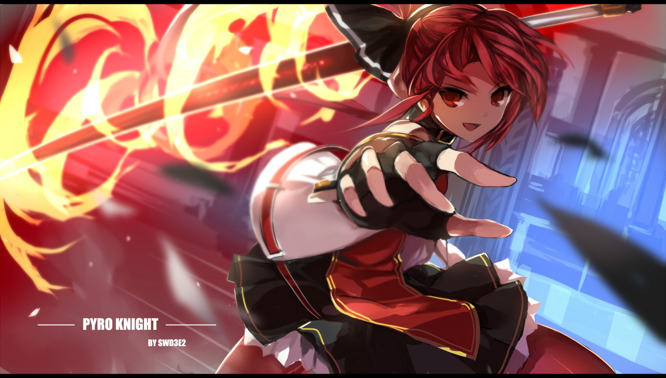 bow, choker, collar, dress, elesis_(elsword), elsword, fire, gloves