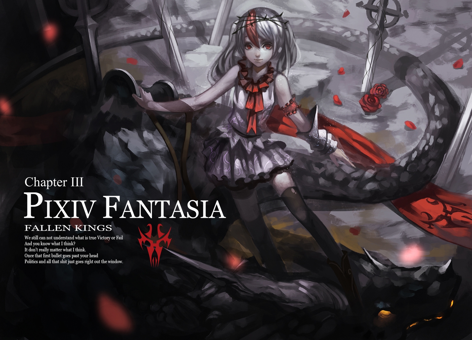 baka_(mh6516620), dragon, dress, flowers, gray_hair, original, petals, pixiv_fantasia