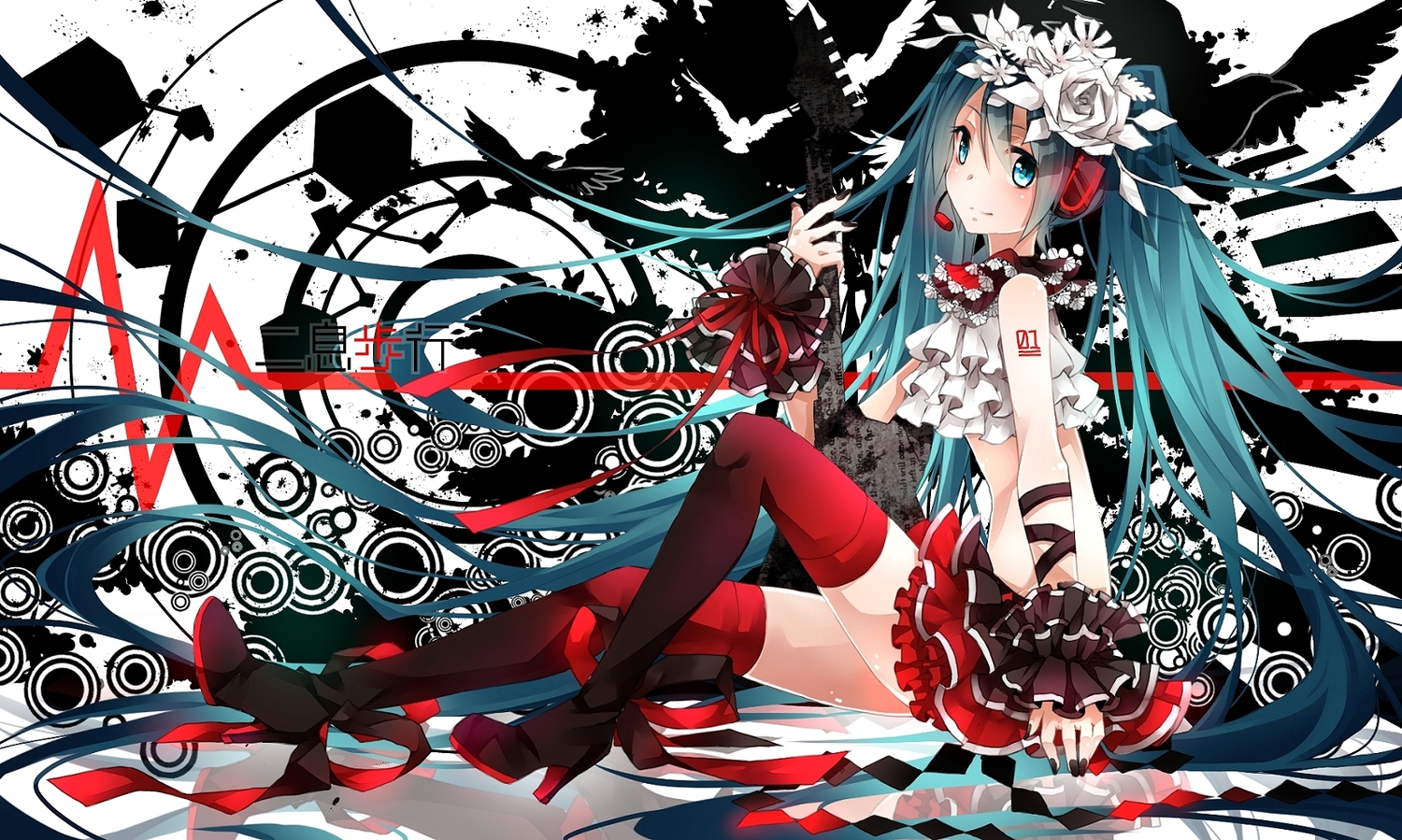 animal, aqua_hair, bird, blue_eyes, boots, flowers, hatsune_miku, headphones