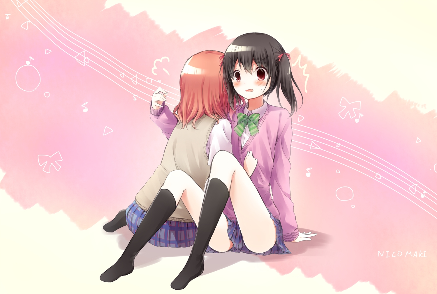 blush, love_live!_school_idol_project, nishikino_maki, sakuyunomi, school_uniform, shoujo_ai, skirt, stockings, yazawa_nico