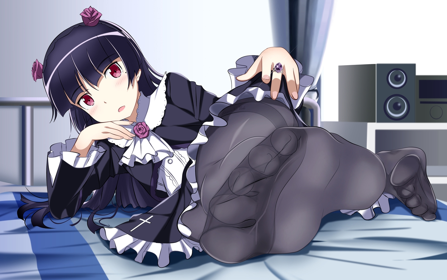 bed, black_hair, blush, dress, edogawakid, gokou_ruri, goth-loli, headband
