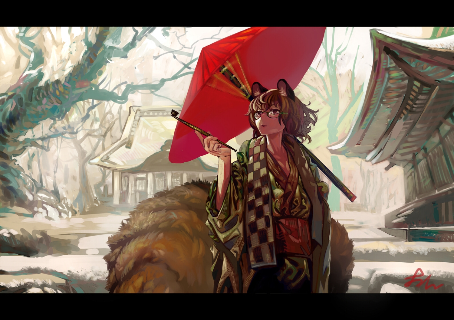 animal_ears, brown_eyes, brown_hair, futatsuiwa_mamizou, glasses, japanese_clothes, multiple_tails, onion_(onion_and_pi-natto)