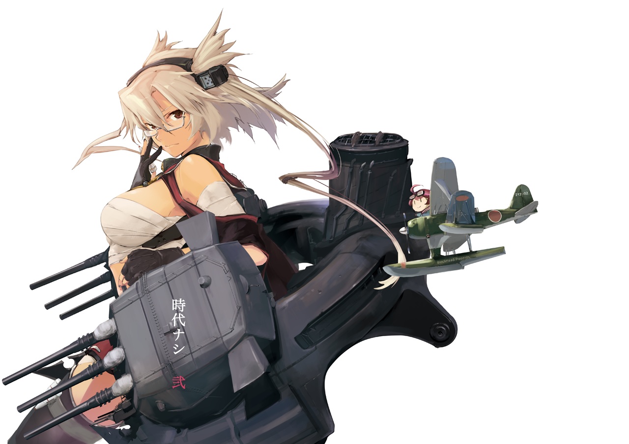 aircraft, anthropomorphism, bandage, blockhead_bh, blonde_hair, brown_eyes, dark_skin, fairy_(kancolle)