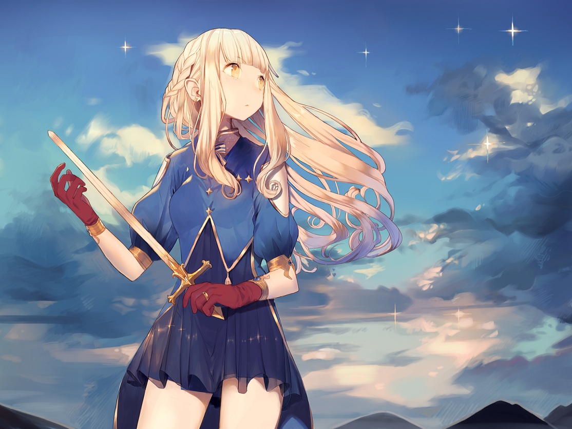 blonde_hair, dress, gloves, long_hair, misoni_comi, original, sword, weapon, yellow_eyes