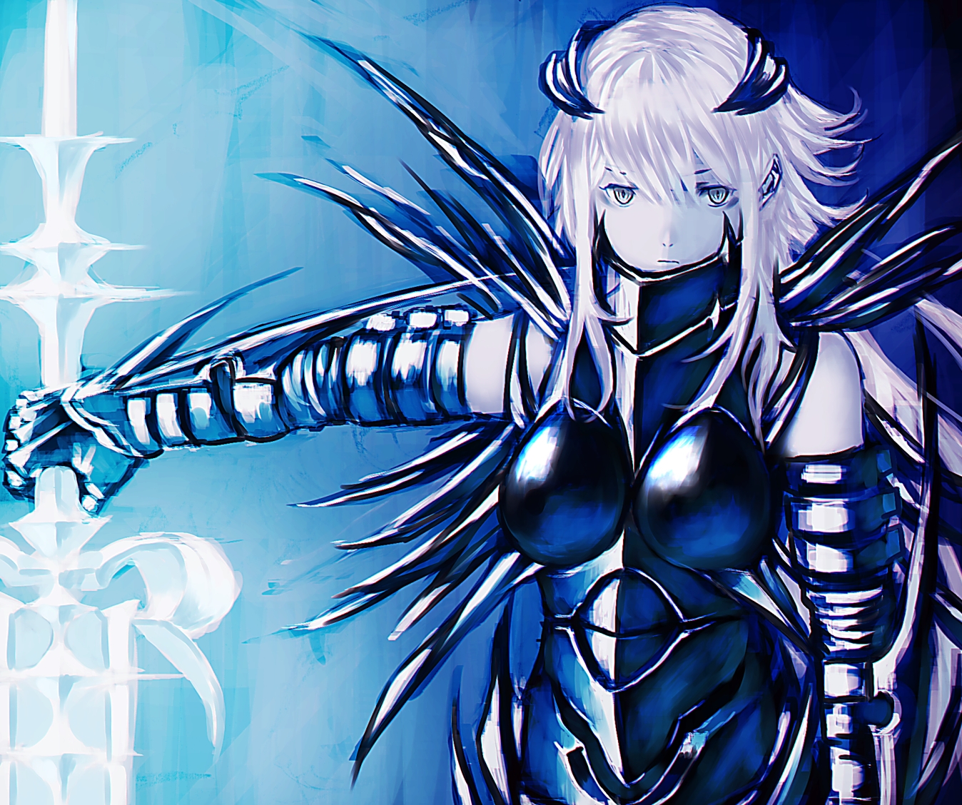 armor, mstm, original, sword, weapon, white_hair