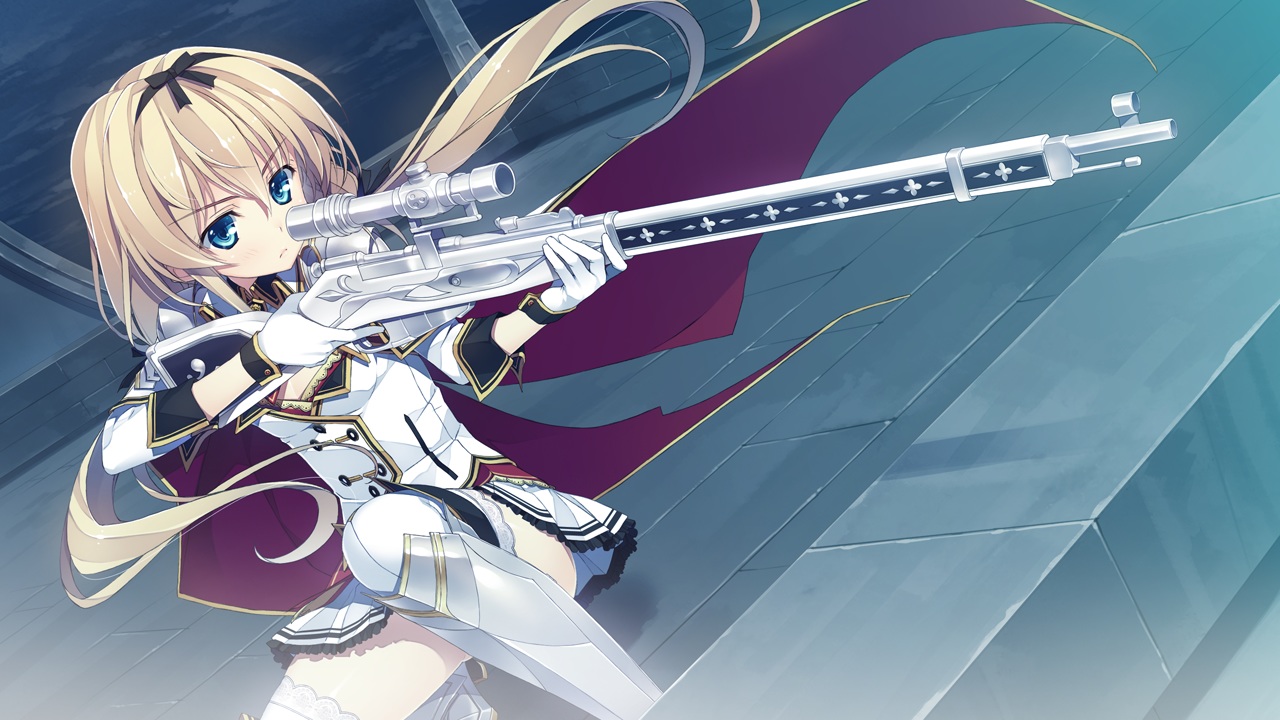 blonde_hair, blue_eyes, cape, effordom_soft, game_cg, gloves, gun, headband, jyukishi_cutie_bullet, long_hair, sara_tefal, school_uniform, thighhighs, weapon, yuuki_hagure