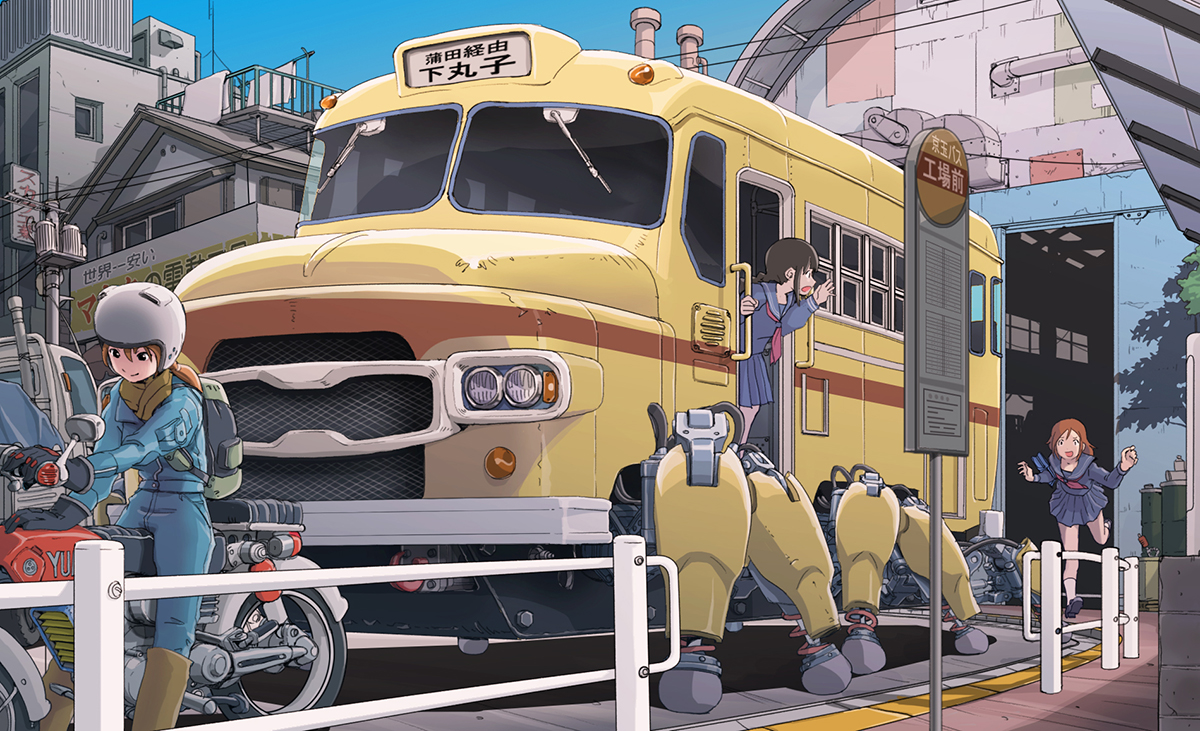 boots, braids, brown_hair, building, city, gloves, mecha, motorcycle