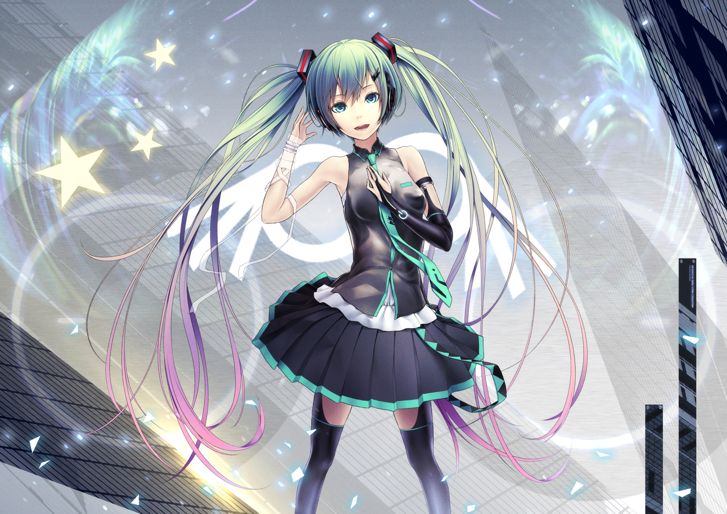 aqua_eyes, aqua_hair, elbow_gloves, gloves, hatsune_miku, long_hair, oki_(koi0koi), skirt