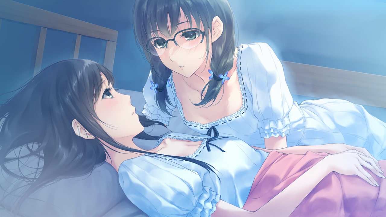 2girls, bed, black_eyes, black_hair, blush, dress, flowers_(game), game_cg