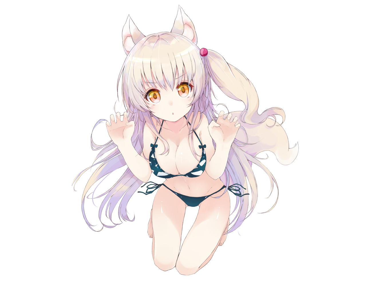aliasing, animal_ears, bikini, breasts, catgirl, cleavage, kou_mashiro, long_hair, navel, orange_eyes, original, ponytail, purple_hair, swimsuit, white