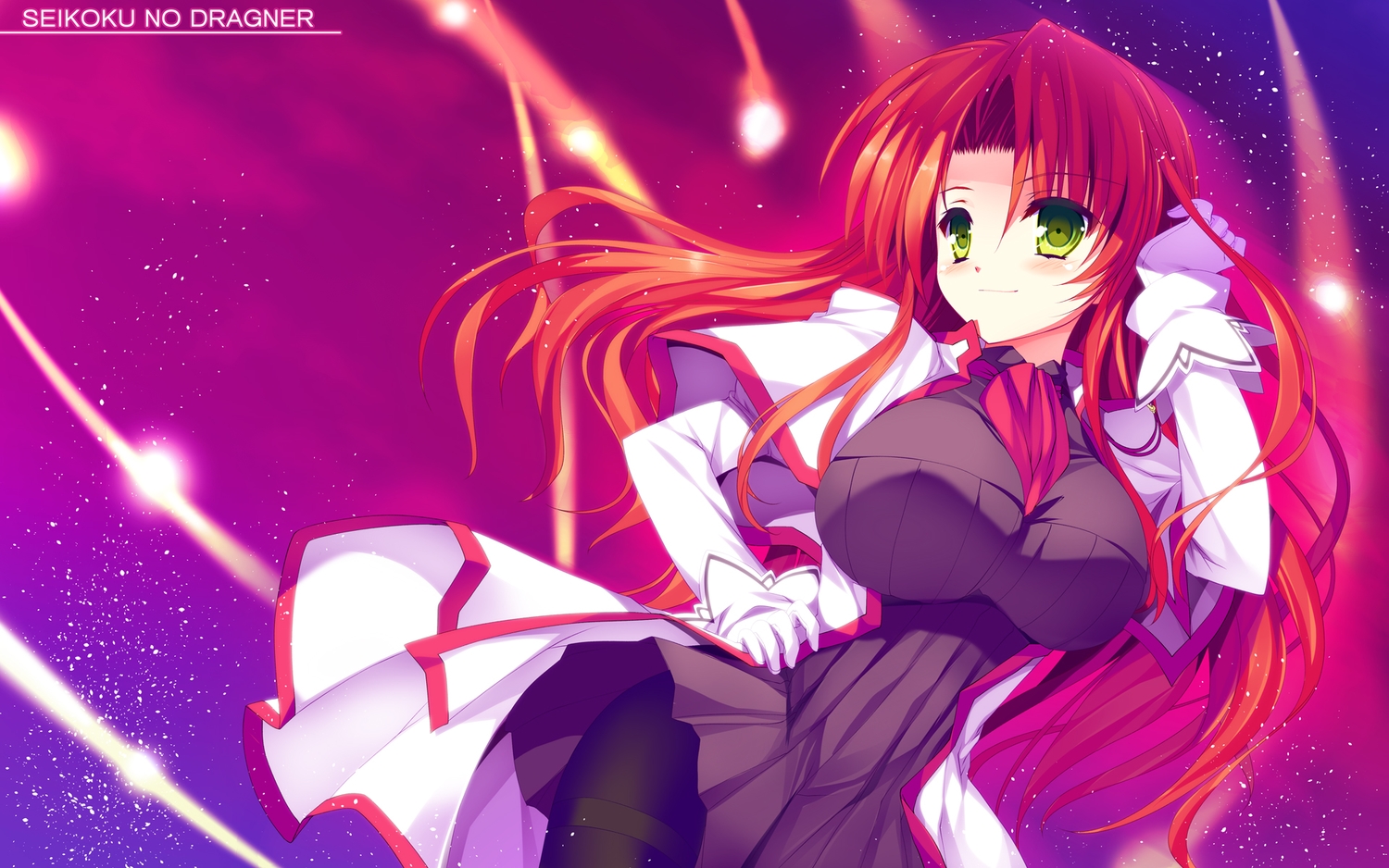 blush, dress, green_eyes, long_hair, pantyhose, randall_rebecca, red_hair, seikoku_no_dragonar