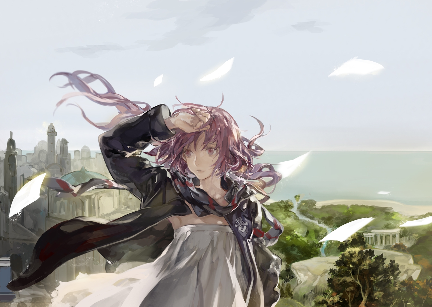 berlinetta, building, dress, long_hair, noir_(ibaraki), original, paper, pink_eyes