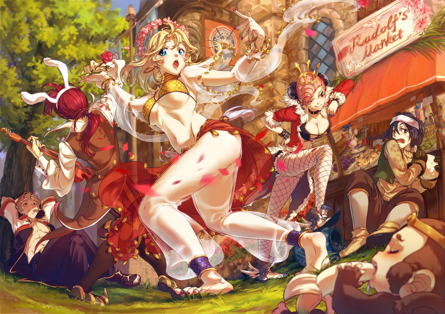 animal, animal_ears, barefoot, black_hair, blonde_hair, blue_eyes, breasts, brown_eyes