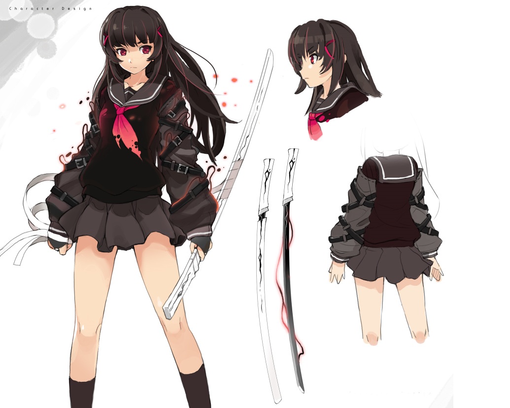 armcho, bandage, black_hair, katana, long_hair, original, school_uniform, socks, sword, weapon, white