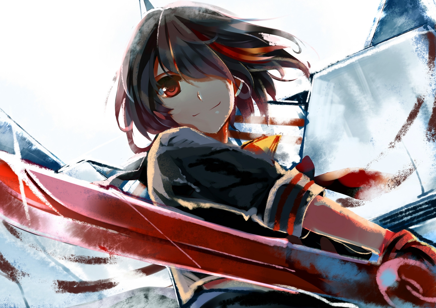 black_hair, iron_(huyiyang), kill_la_kill, matoi_ryuuko, red_eyes, red_hair, sword, weapon