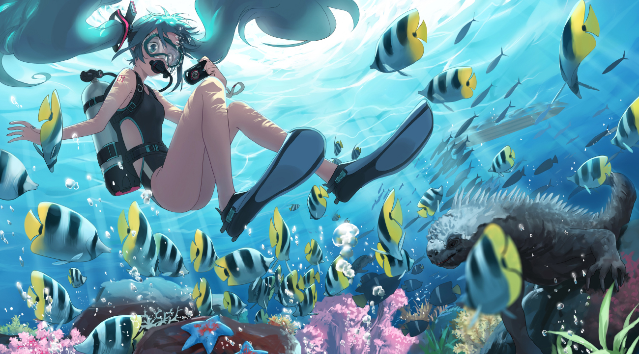aqua_eyes, aqua_hair, camera, goggles, gyaku_tsubasa, hatsune_miku, long_hair, swimsuit, twintails, underwater, vocaloid, water