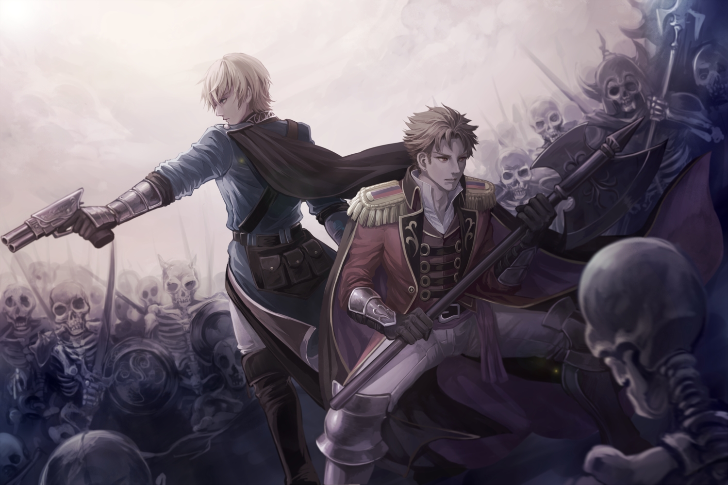 all_male, armor, blonde_hair, bones, brown_eyes, brown_hair, cape, gloves