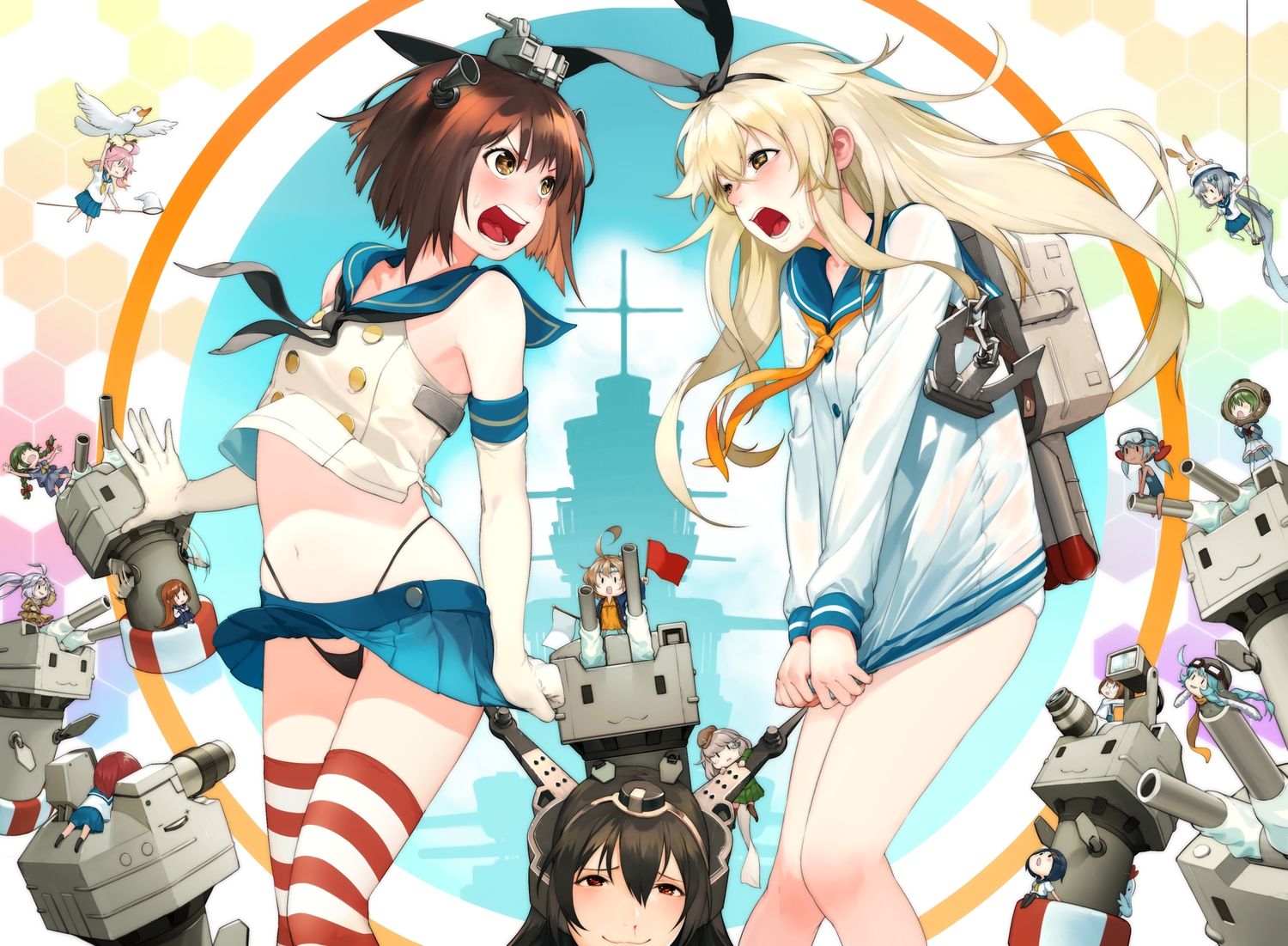 animal, anthropomorphism, bird, black_hair, blonde_hair, blood, blush, brown_eyes, brown_hair, chibi, cosplay, elbow_gloves, equipments_fairy_(kancolle), fairy_(kancolle), gloves, goggles, group, hat, headband, headdress, kantai_collection, kodama_(wa-ka-me), long_hair, nagato_(kancolle), navel, panties, rensouhou-chan, school_uniform, shimakaze_(kancolle), skirt, swimsuit, thighhighs, underwear, yukikaze_(kancolle)