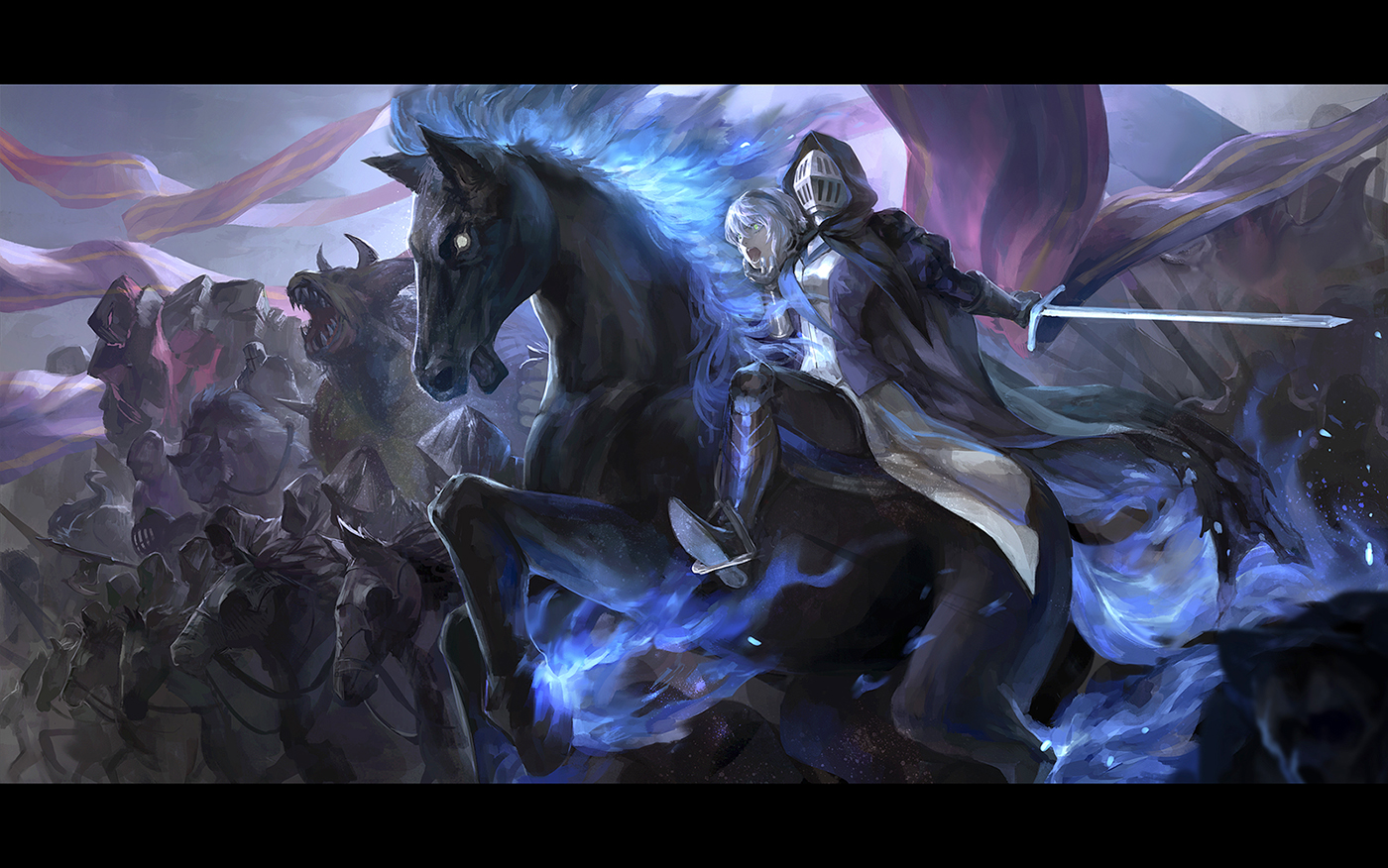 animal, ao_no_mavis, armor, cape, gray_hair, green_eyes, horse, kzcjimmy