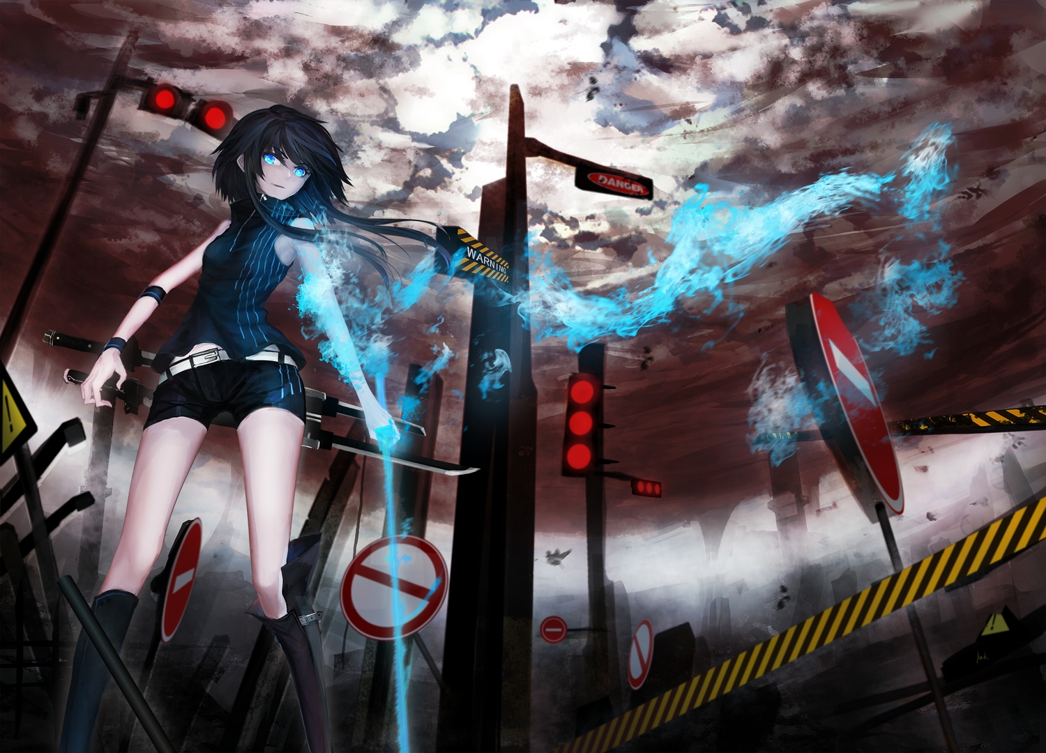 black_hair, blue_eyes, kneehighs, long_hair, magic, mek, original, shorts, sword, weapon, wristwear