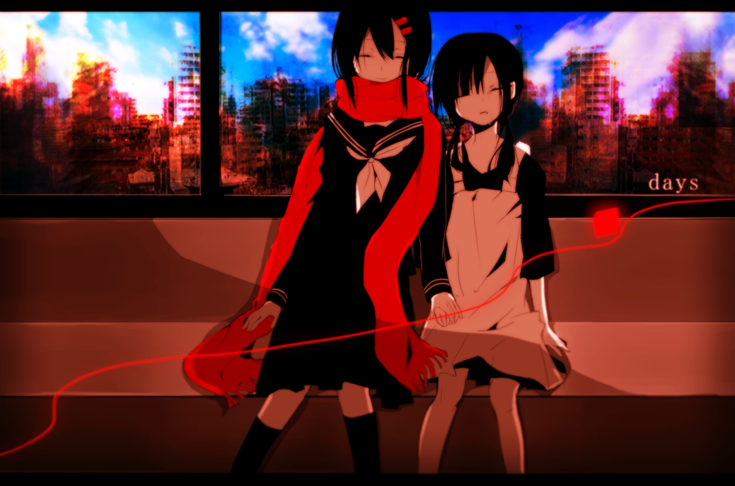 asahina_hiyori, kagerou_project, misoan, scarf, tateyama_ayano, tears