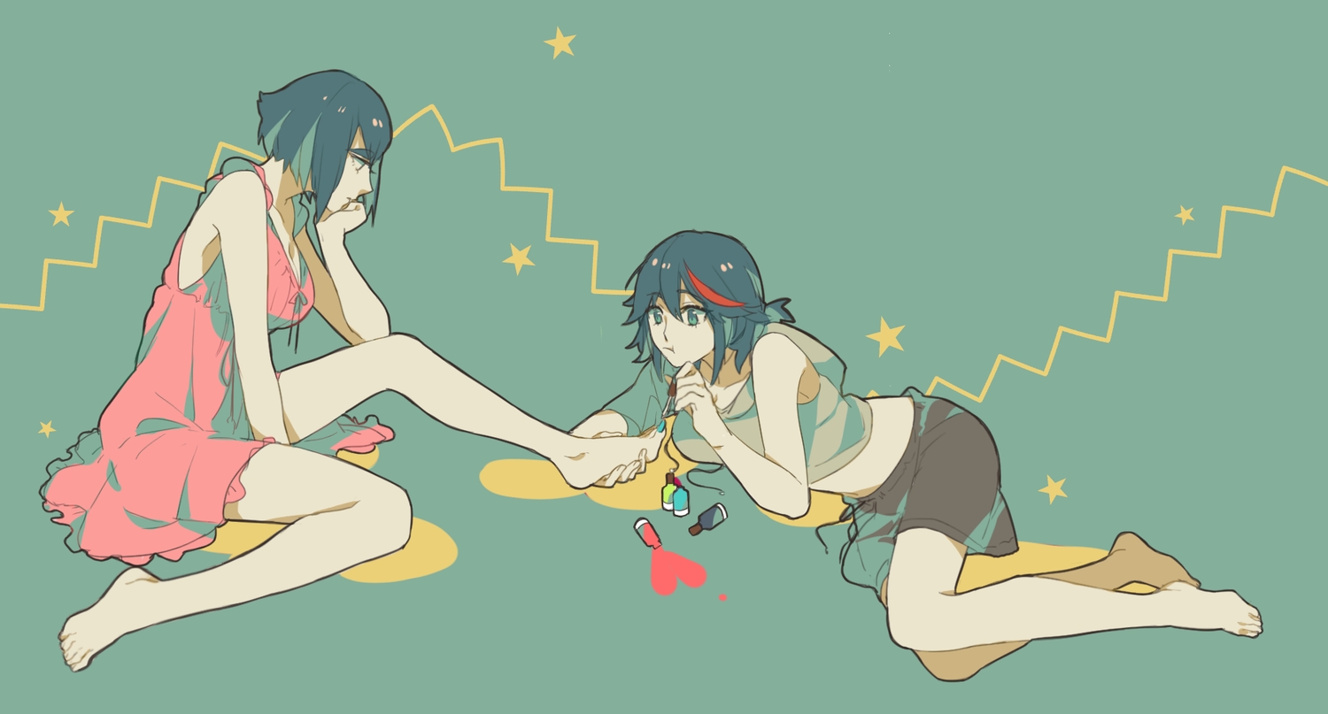 2girls, allenkung1, barefoot, dress, kill_la_kill, kiryuin_satsuki, matoi_ryuuko, short_hair