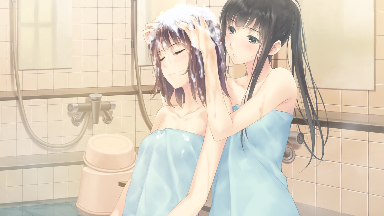2girls, bath, black_hair, brown_hair, flowers_(game), game_cg, innocent_grey, kousaka_mayuri
