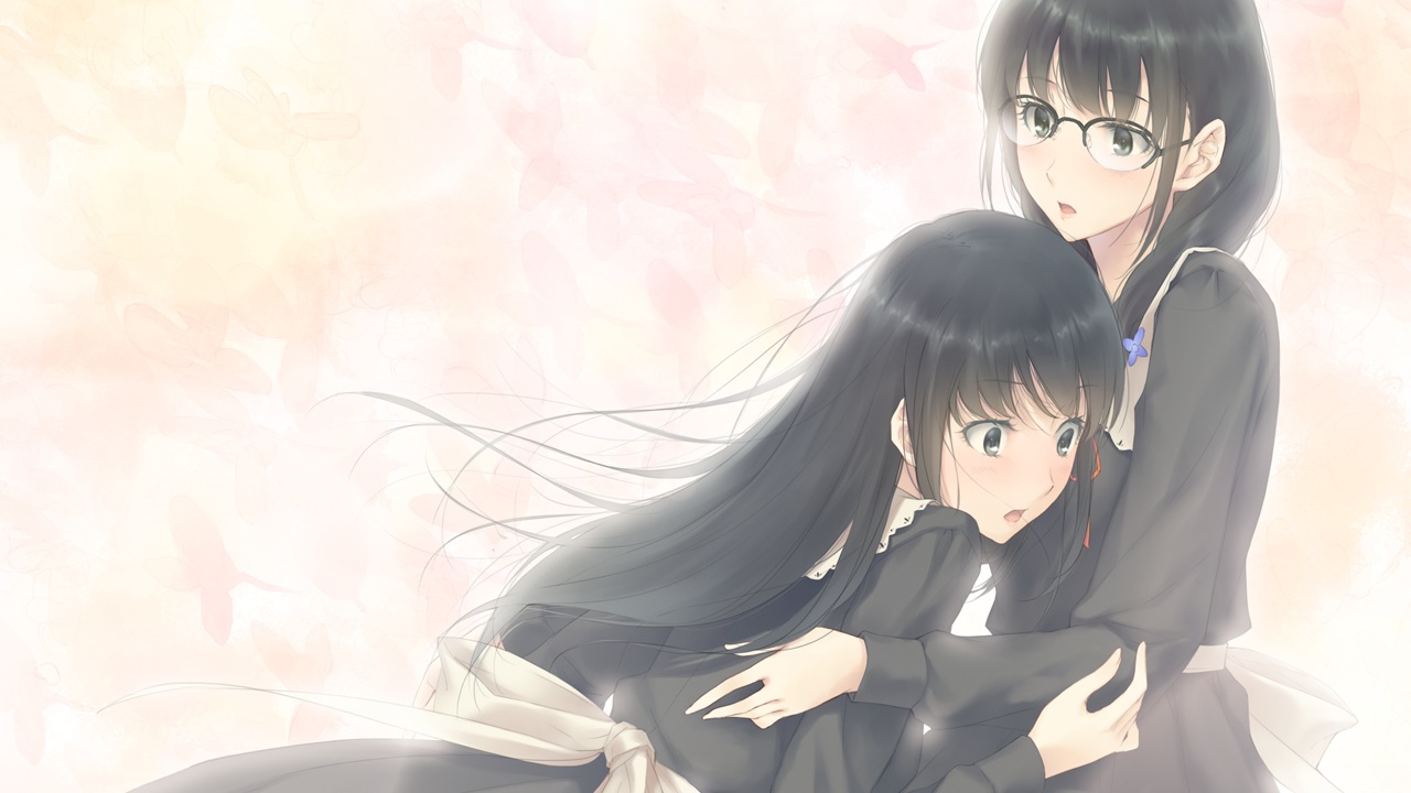 2girls, black_hair, flowers_(game), game_cg, glasses, hanabishi_rikka, hug, innocent_grey