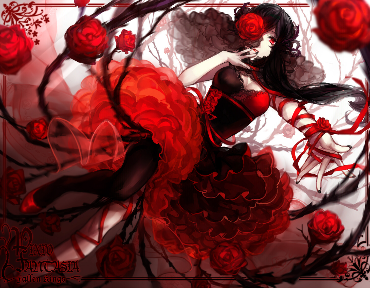black_hair, breasts, cleavage, dress, flowers, imifumei, original, pixiv_fantasia, red_eyes, ribbons, rose