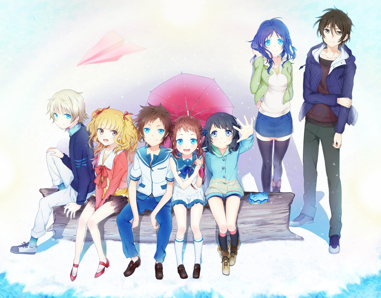 black_hair, blonde_hair, blue_eyes, brown_eyes, brown_hair, hiradaira_chisaki, hisanuma_sayu, isaki_kaname, kihara_tsumugu, mukaido_manaka, nagi_no_asukara, sakishima_hikari, saku_(tmy0404), shiodome_miuna, snow, umbrella