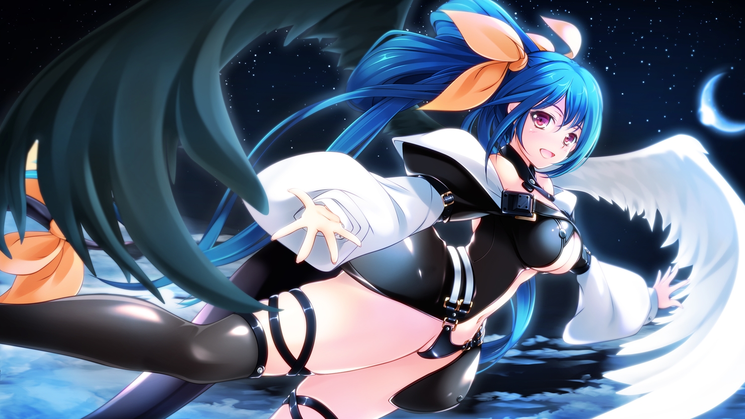 blue_hair, dizzy, guilty_gear, moon, night, purple_eyes, tebukuro, thighhighs