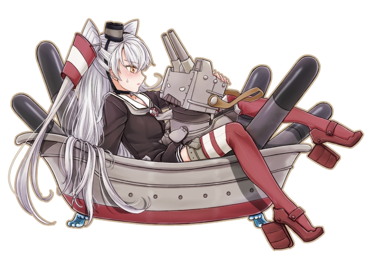 amatsukaze_(kancolle), anthropomorphism, boat, brown_eyes, gray_hair, jinni, kantai_collection, long_hair, rensouhou-kun, school_uniform, thighhighs, twintails