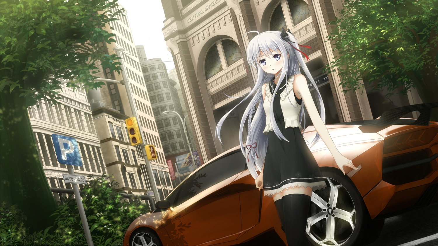 asakurashinji, blush, braids, building, car, city, date_a_live, dress