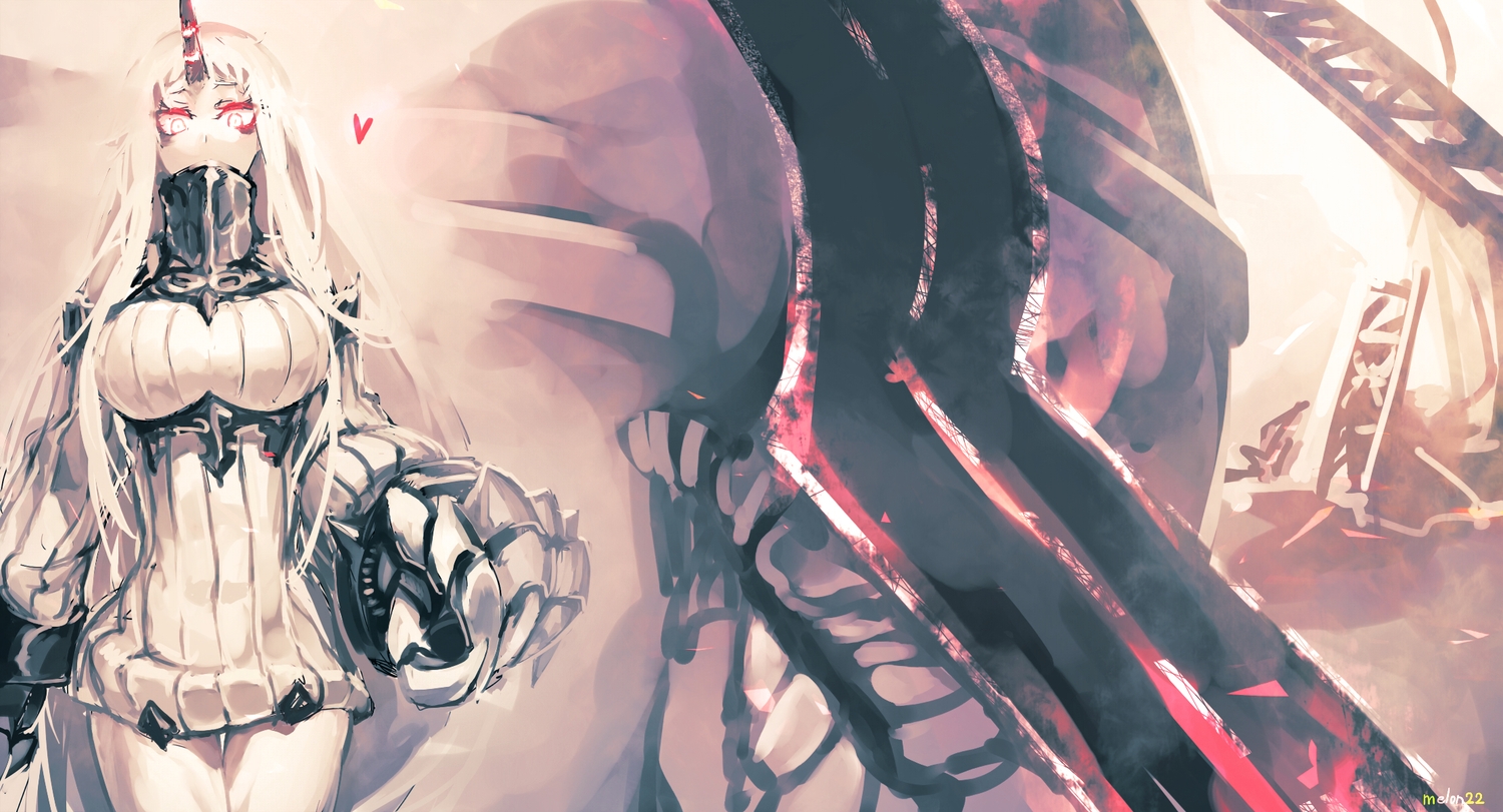 anthropomorphism, horns, kantai_collection, polychromatic, red_eyes, seaport_hime, temmasa22, white_hair